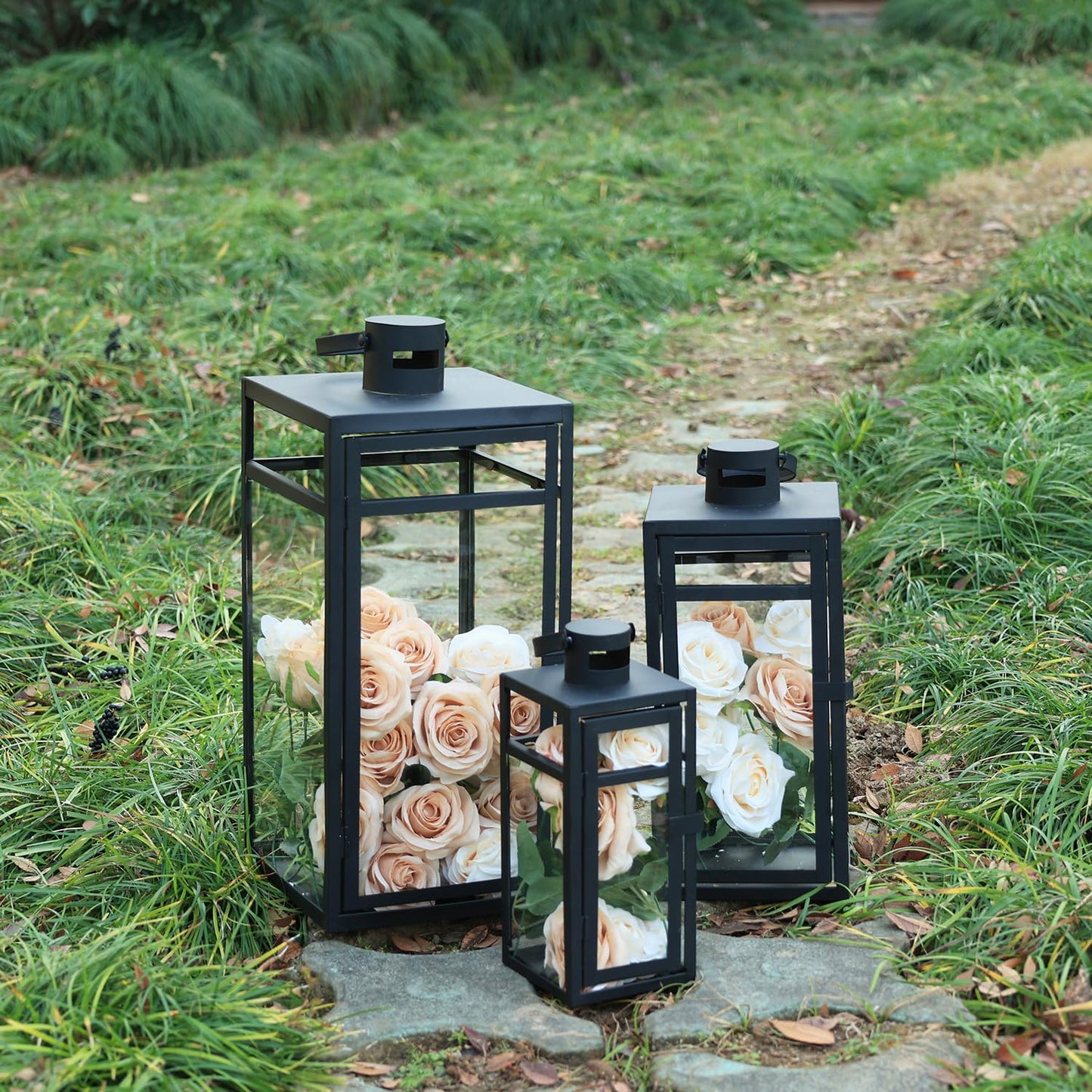 NEEDOMO Stainless Lanterns Decorative Outdoor & Indoor, Set of 3 Outdoor Lanterns for Porch, 22"/ 17"/14" Candle Lantern,Stainless with Glass, Water-Proof Farmhouse, Patio, Pathway, Christmas