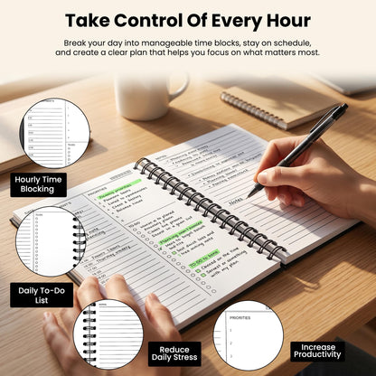 Undated Daily Planner Notebook With Hourly Schedule - Hardcover Appointment Day to do List Notebook for Women & Men - A5(5.7" x 8.3") Spiral Black