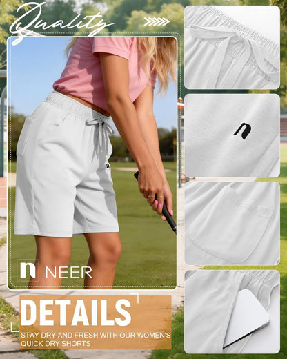 Neer 3 Pack Women's Quick Dry Shorts Women Drawstring High Waisted Bermuda Athletic Shorts with Pockets(Black,White,Dark Grey,X-Large)