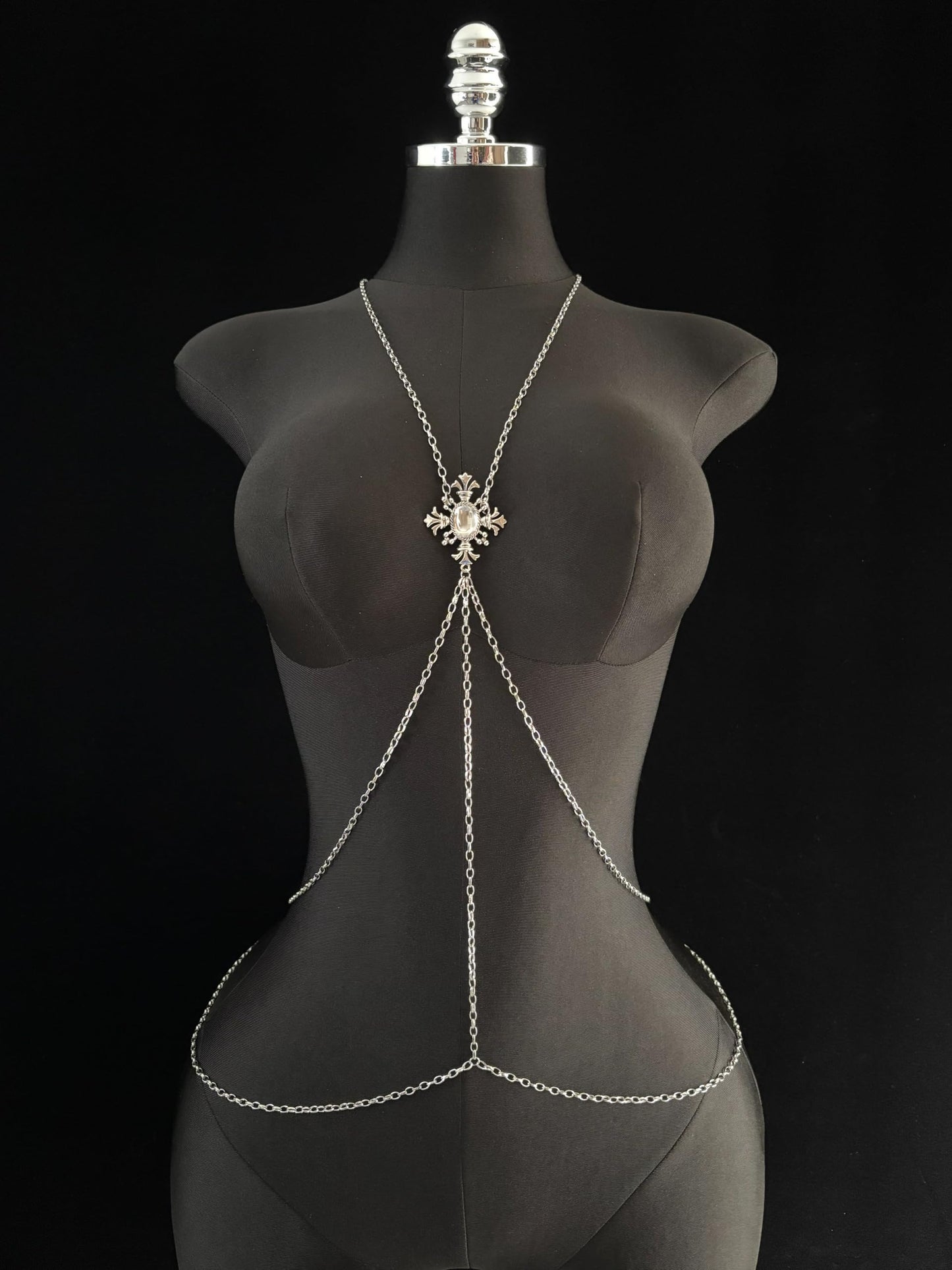 Gothic Cross Body Chain for Women – Silver Tone Adjustable Waist Body Jewelry with Clear Oval Crystal, Vintage Filigree Y-Style Harness Necklace for Festival Party Outfit