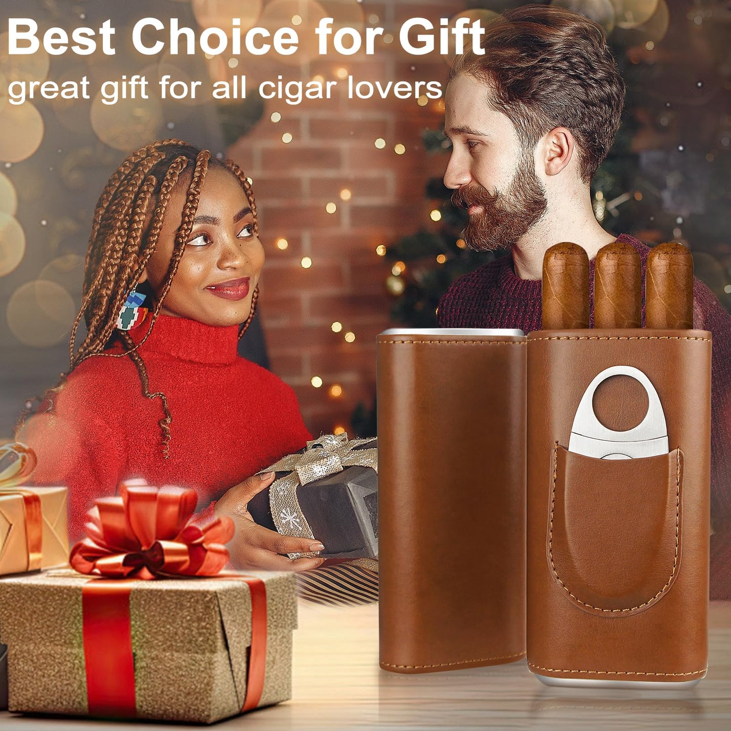 cgaplus 3-Finger Leather Cigar Case with Cutter Cedar Wood Lined Cigar Humidor Portable Travel Cigar Case(Brown)