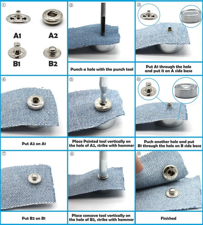 Raydodo 12 Set Leather Snap Fasteners Kit, 15mm Metal Snap Buttons Kit Press Studs with 4 Install Tools, Rivets and Snaps for Clothing, Jeans, Jackets, Bracelets, Bags (Gold)