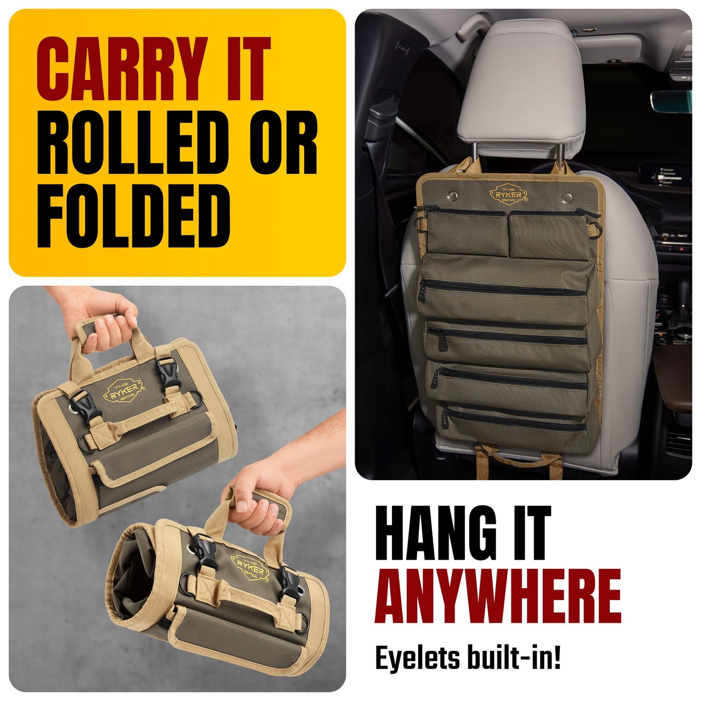 The Ryker Bag Tool Roll Organizer with Detachable Pockets – Heavy Duty Roll-Up ToolBag for Mechanics, Electricians, Plumbers, Contractors, Garage & Job Site Use Gift for Dads (AP-TR)