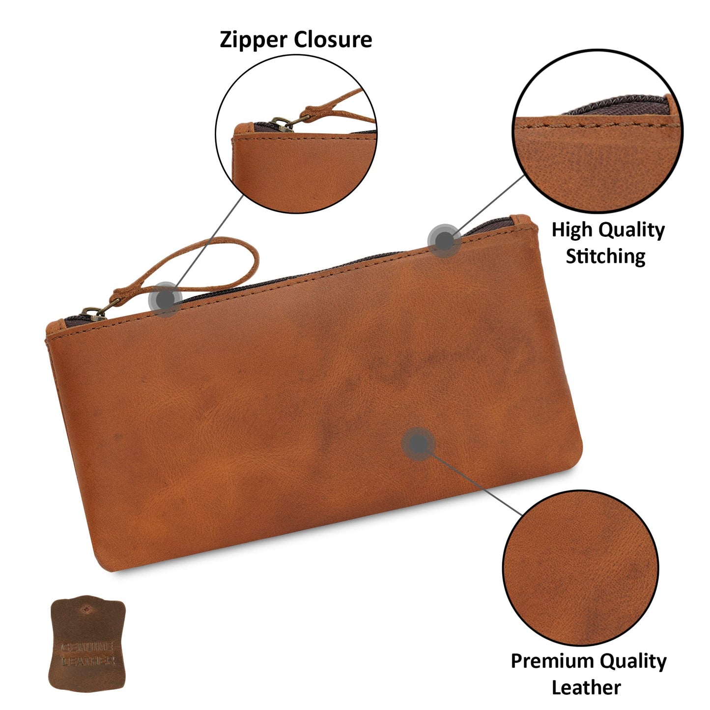 TheAntiq Leather Pencil Pouch, Currency Pouch, Leather Pencil Case, Zippered Pouch Paper Money, Pen Case, Pen and Marker Case, Pencil Case For Artists & Professionals (Tan)