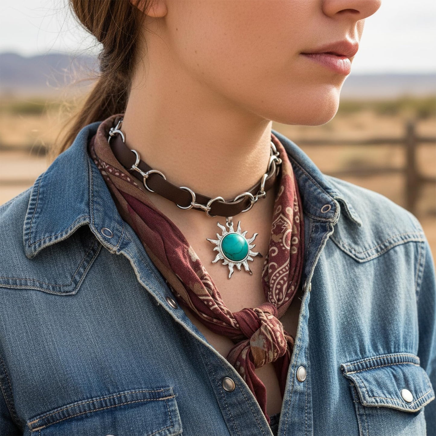 Ladywowu Turquoise Choker Necklace, Western Necklace with Sun Pendant, Adjustable Turquoise Necklace for Women