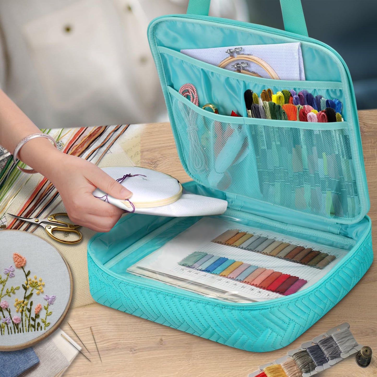 FINPAC Embroidery Bag, Cross Stitch Storage, Square Quilted Tote Organizer with Multiple Pockets for Floss, Hoops, Thread, Stitch Tools Kit [Bag Only], Teal