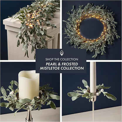 LampLust Winter Wreaths for Front Door Outside, 20 Inch Flocked Wreath with Mistletoe & Pearly White Berries, 75 LED Lights, Battery Powered, Timer, Farmhouse Wreath, Winter Wreaths for Indoors