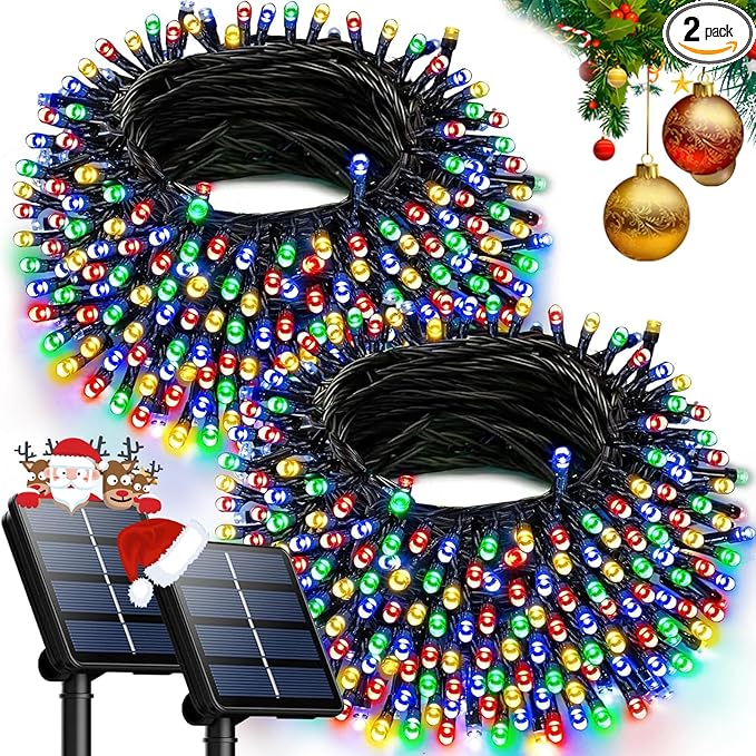 OZS 2PK 240LED 95FT Multicolor Solar String Lights Outdoor Waterproof, Solar String Lights for Outside, Green Wire Solar Tree Lights with 8 Lighting Modes for Xmas Wedding Party Christmas Decorations