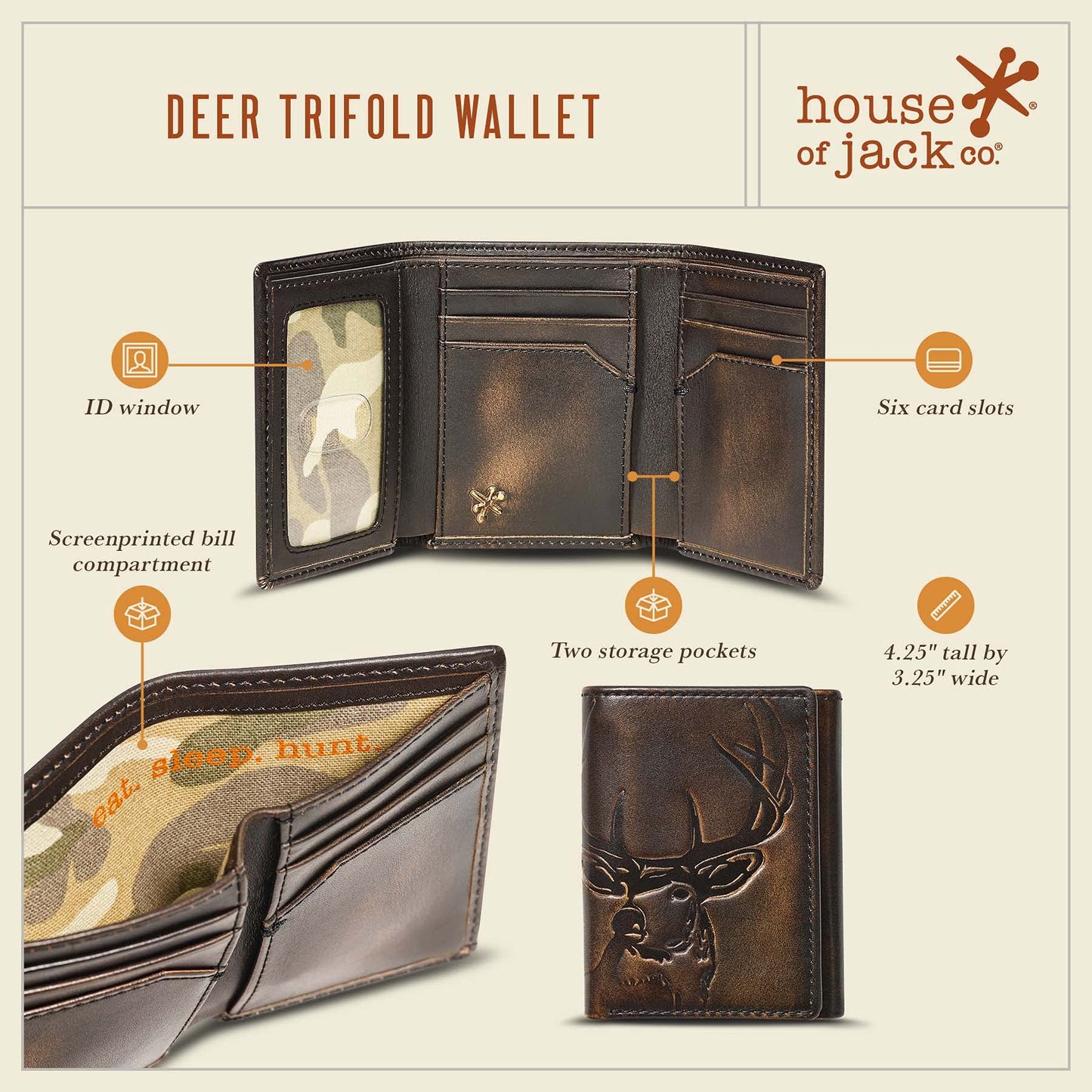 House of Jack Co. Deer Men's Trifold Wallet, Full Grain Leather Hunting Wallet with ID Window, 8 Card Slots, Camo Lining, Embossed Whitetail Deer, Hunter Gift for Men, Black