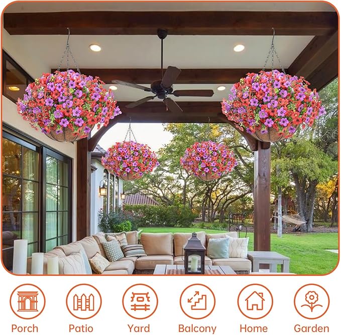 Artificial Hanging Faux Flowers Basket, Fake Silk Daisy Eucalyptus Plants Arrangement,for Spring Summer Outdoor Decoration,UV Resistant, Coconut Planter,Look Real for Home Garden Decor (Pruple Red)