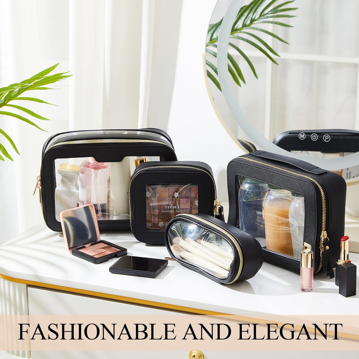 4 Pcs Leather Clear Makeup Bags Set for Women Travel Clear Cosmetic Case Toiletry Bags with Zipper Makeup Brush Case Waterproof Organizer Storage for Women Men Travel Accessories, 4 Sizes(Black)