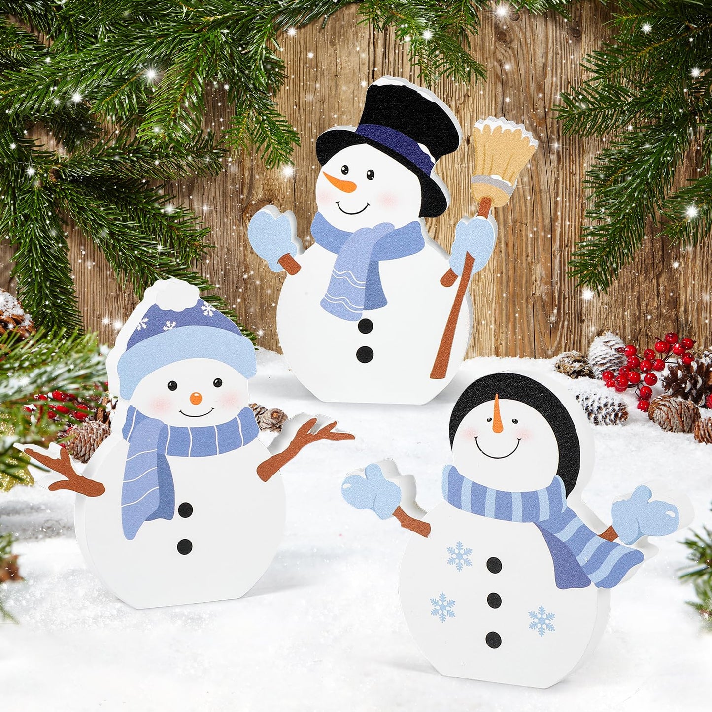 COCHIE Snowman Christmas Decorations Indoor, Cute Winter Tiered Tray Decor Set of 3, Wooden Snowman Blocks Xmas Table Decoration for Party Home Office Shelf Door (Let It Snow)