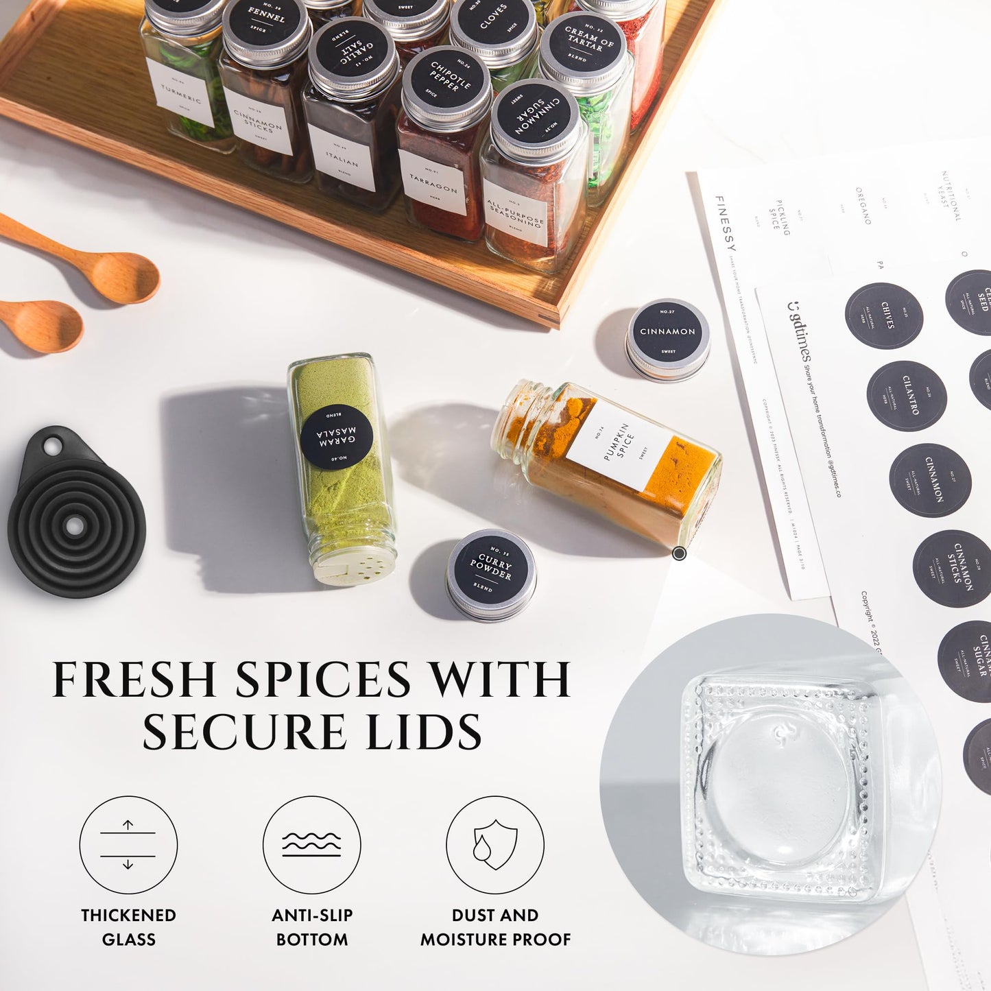 FINESSY Glass Spice Jars with Labels with Metal Lids and Shakers 24 Pack Set, 4oz Small Empty Air Tight Spice Containers with Labels, Clear Seasoning Containers Herb Bottles Kitchen Storage Organizer