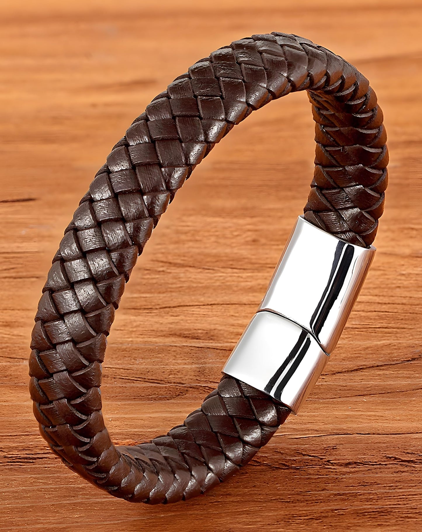 Deerllia Leather Bracelet for Men, Braided Cuff with Stainless Steel Clasp Stacked Multi Style Color Anniversary Father's Day Birthday Christmas Jewelry Gifts for Him, Black Clasp Brown Leather