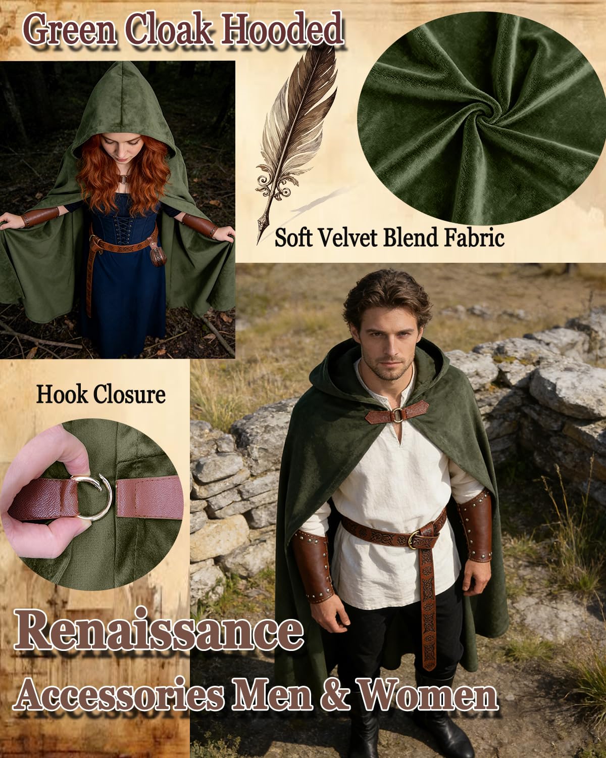 kasahara Renaissance Hooded Cloak Medieval Costume Accessories for Men Women Halloween Costume Cape Belt Pouch Bracers