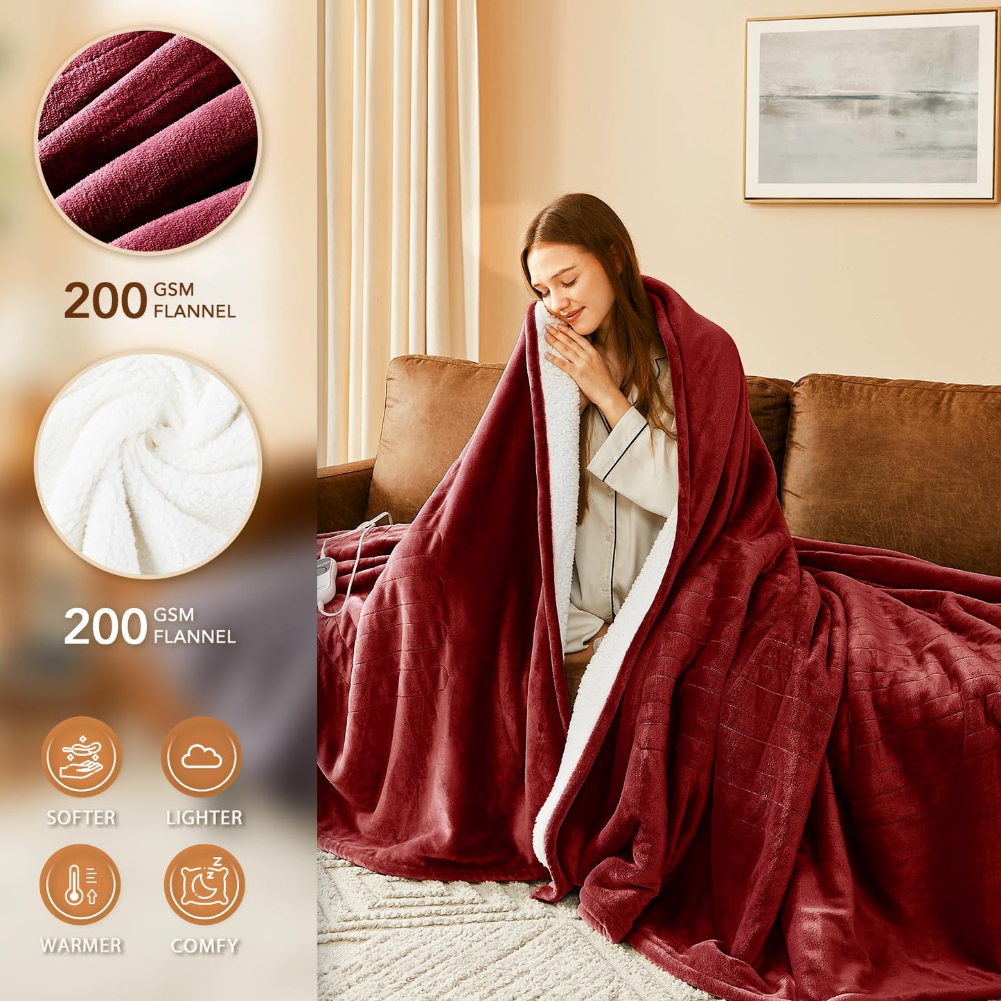 Homemate Electric Heated Blanket Twin - 62"x84" Heating Bed Blankets Throw with 10 Heating Levels 8 Hours Auto Off Fast Heating Over-Heated Protection Ultra Soft Warm Flannel ETL Certified Grey