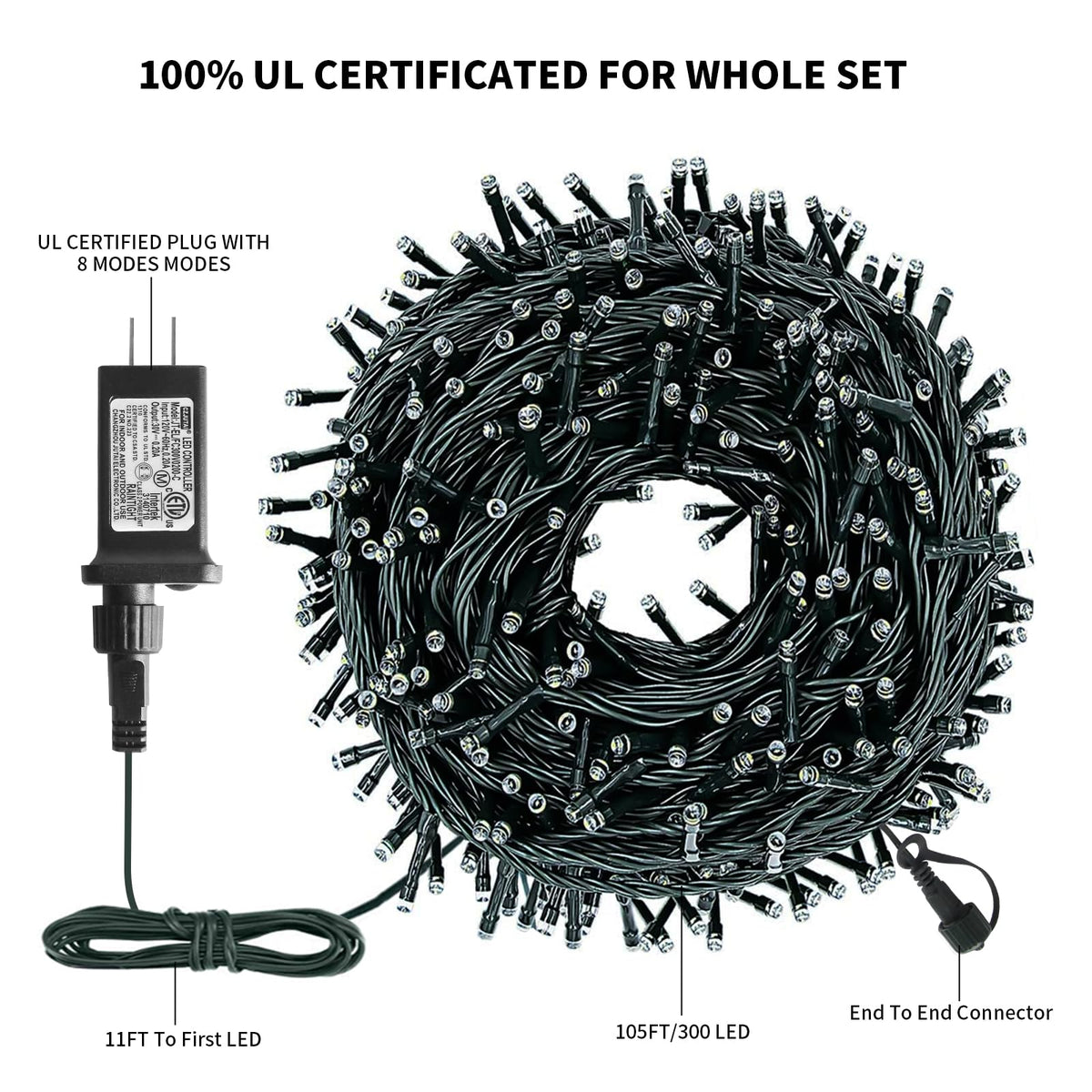 XTF2015 Christmas String Lights, 105ft 300 LED Christmas Lights 8 Modes Memory Function & Timer- UL Certified - Outdoor Indoor Christma s Fairy Lights for Tree, Garden, Party, Wedding(Blue + White)