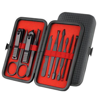Luxury 10-in-1 Professional Manicure Set - Premium Stainless Steel Nail Clippers & Grooming Kit with Elegant Travel Case for Ultimate Hand, Foot & Facial Care (Black/Red)