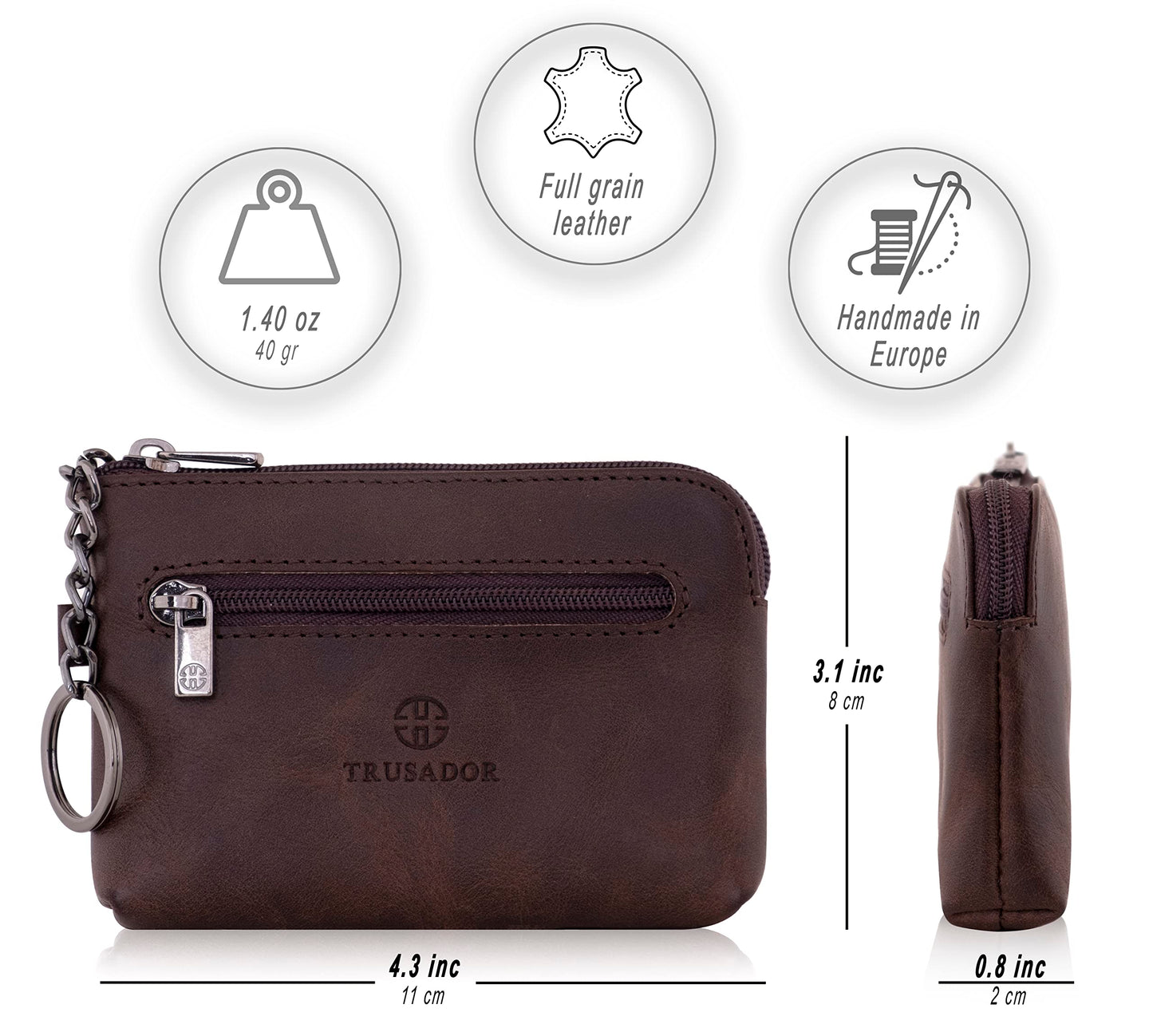 Trusador Milano Unisex Leather Front Pocket Wallet Coin Purse Zipper Pouch with Keychain (Brown)