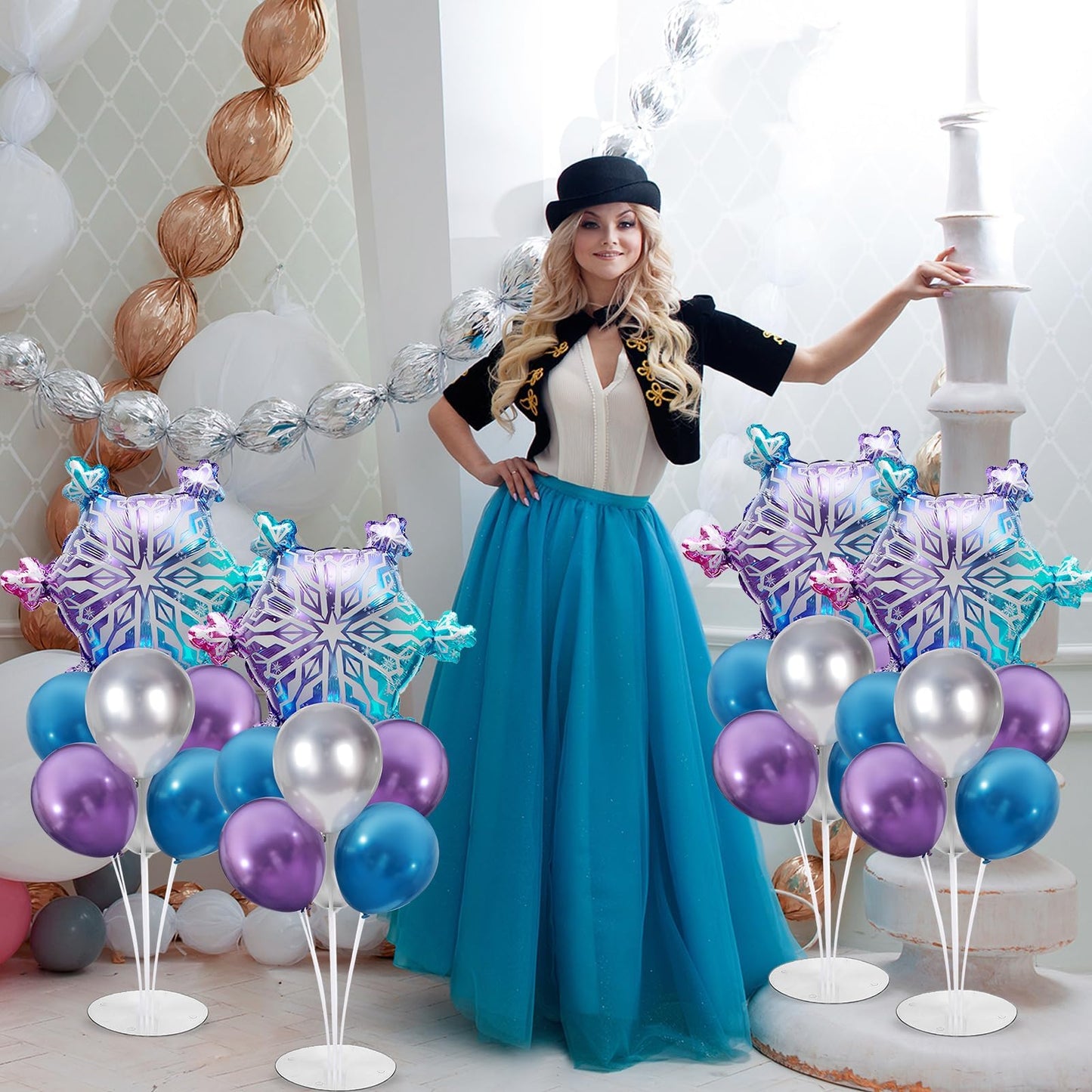 4 Sets Snow Party Balloons Stand Kit with Snowflake Foil Balloons Purple Blue Silver Party Balloon Centerpiece for Tables for Girl Princess Winter Wonderland Themed Birthday Baby Shower Decorations