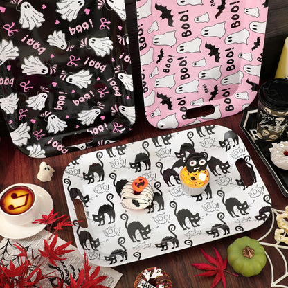 JarThenaAMCS 3Pcs Halloween Ghost Serving Trays 16.4 x 11 Inch Pink Boo Ghost Black Cat Platter with Handles Reusable Serving Dishes for Birthday Party Sharing Snacks Fruit Dessert