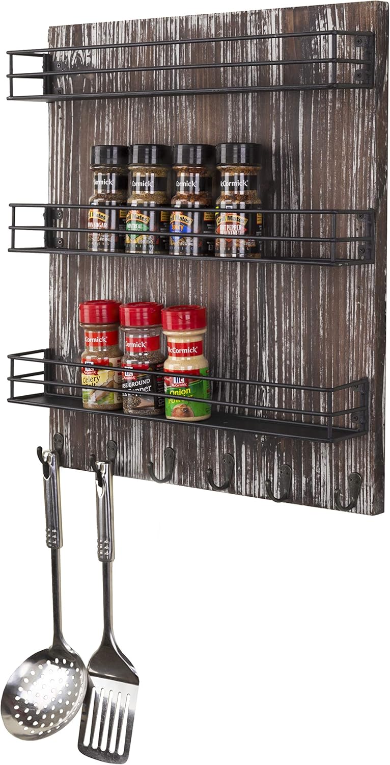 MyGift 3 Tier Black Metal Wire Kitchen Spice Rack Organizer with Torched Wood Wall Mount and 6 Hooks, Seasoning Jars and Hanging Cooking Utensil Rack