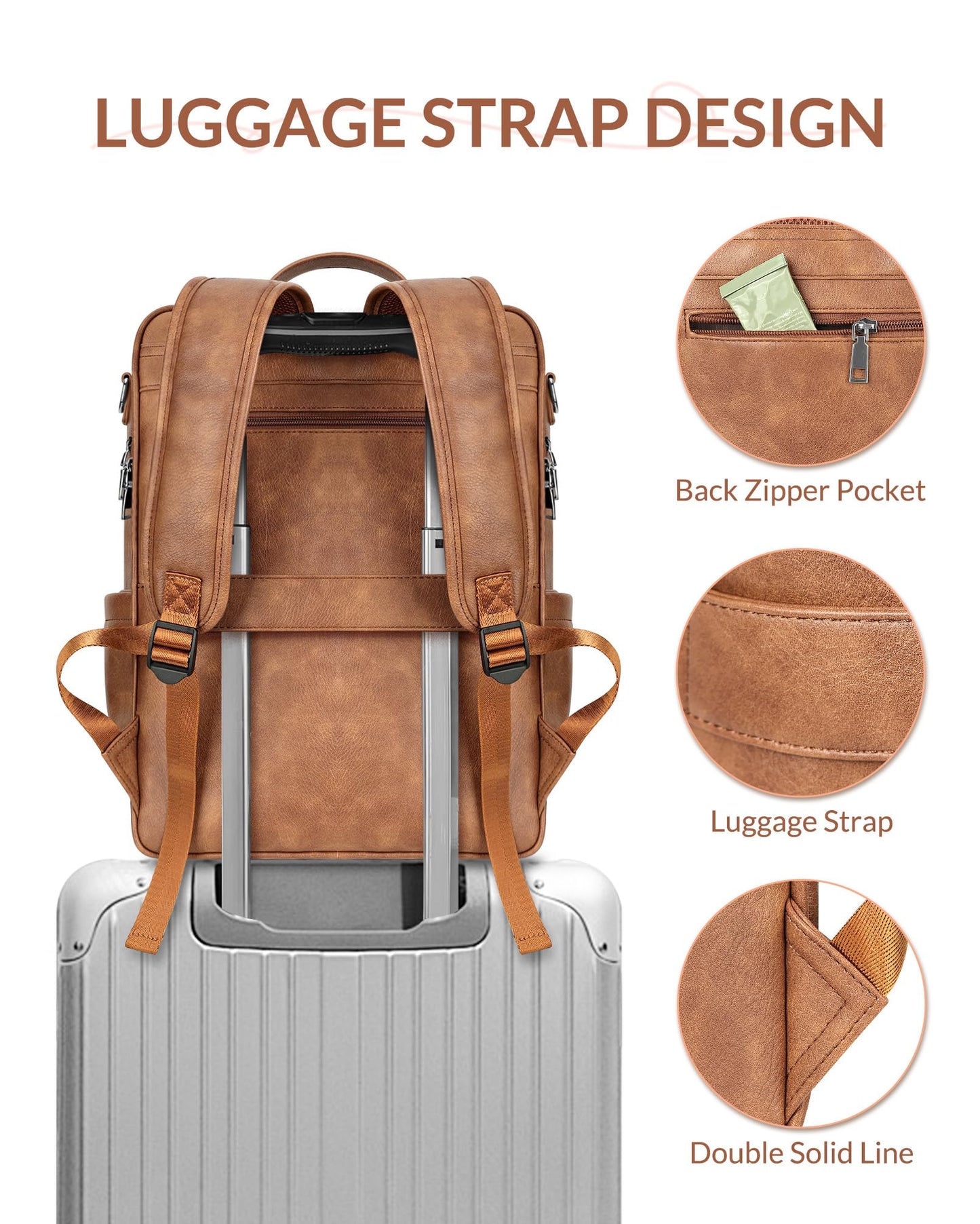 SYTRAH Leather Laptop Backpack for Women, 15.6 Inch Business Computer Bag, Designer College Backpack Travel Backpack with Colorful Shoulder Bag Strap Mocha Brown