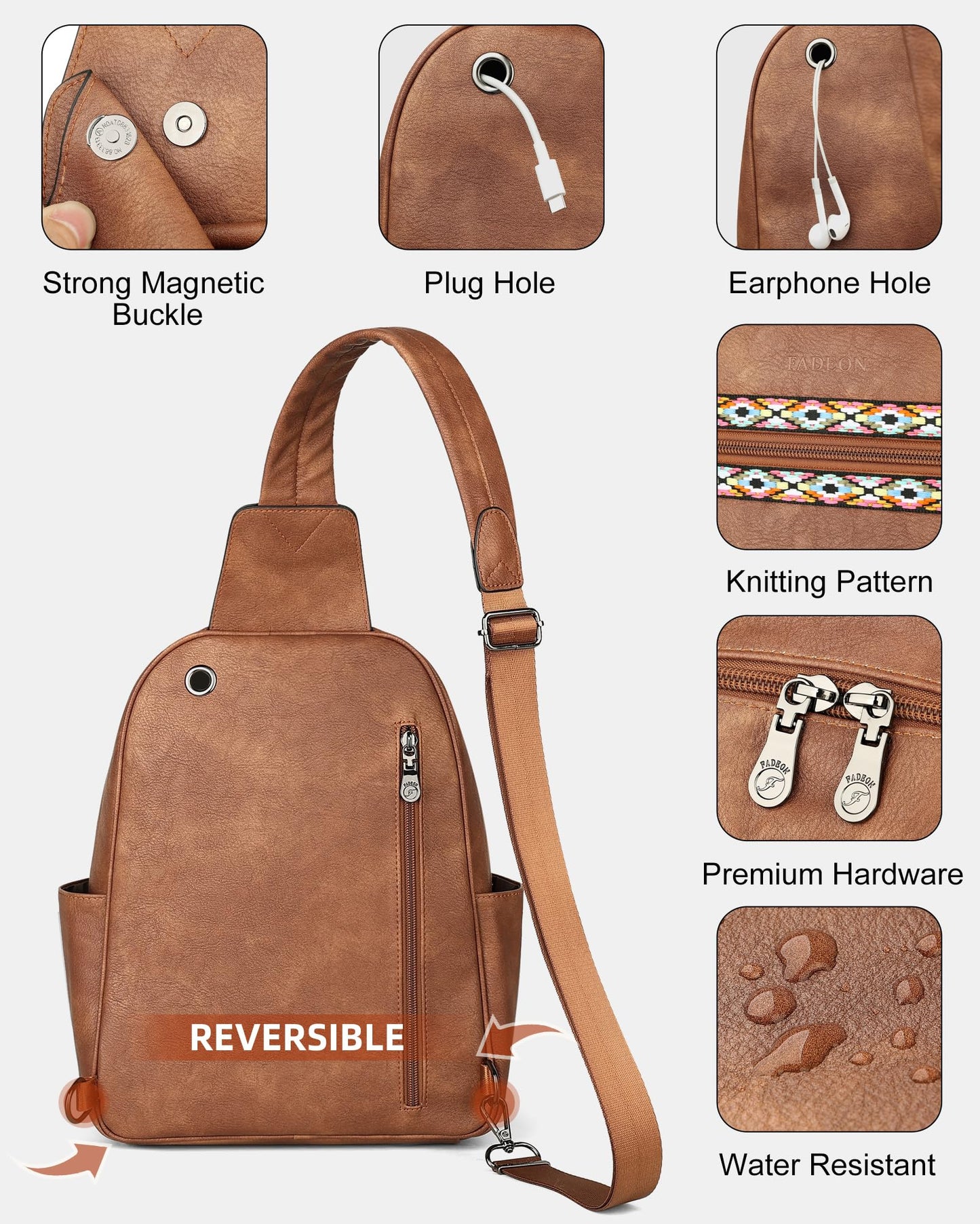 FADEON Large Sling Bag for Women, Leather Crossbody Purse Designer Anti Theft Sling Backpack, RFID Fanny Packs for Travel