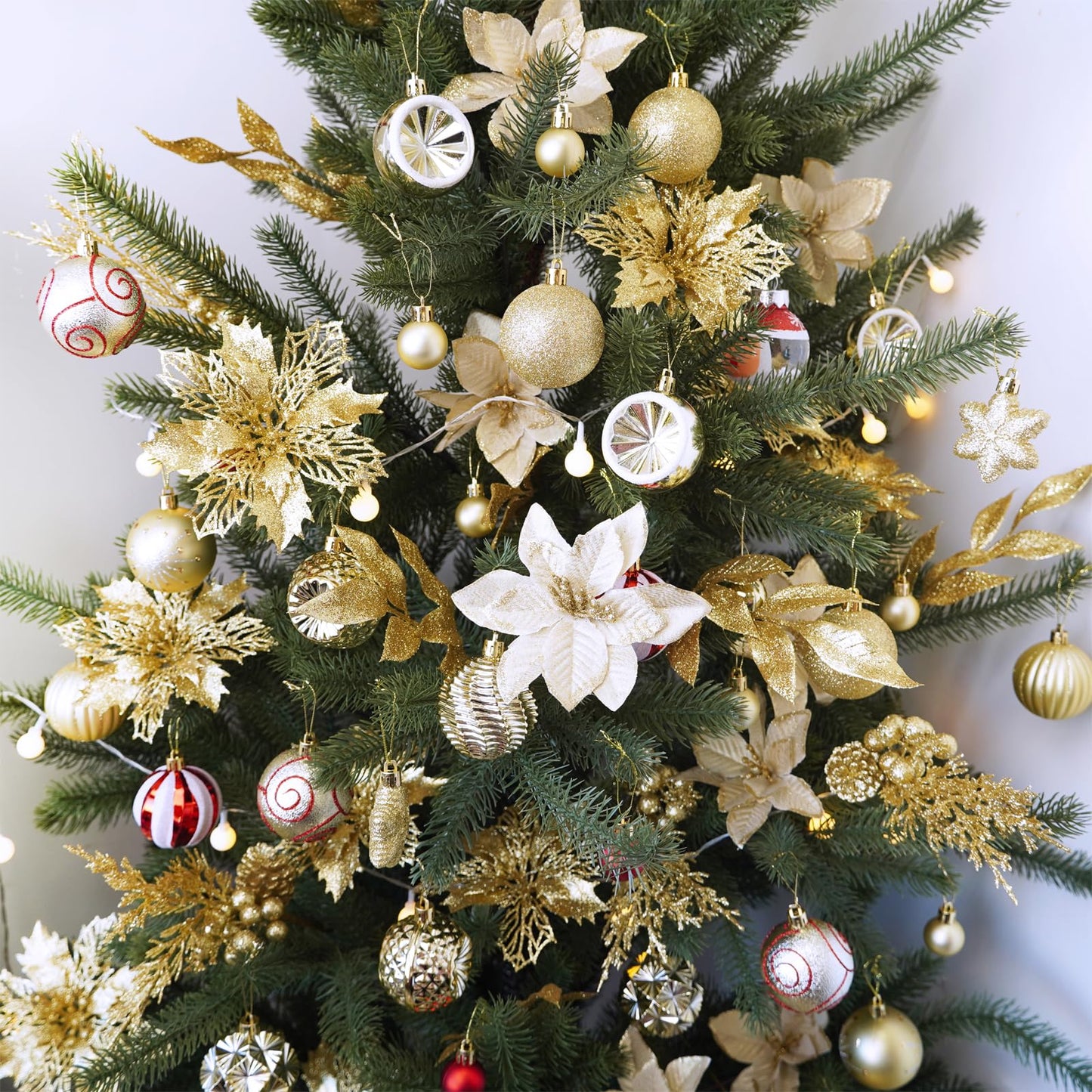 Winlyn 35 Pcs Christmas Artificial Poinsettia Flowers Picks and Artificial Leaves Sprays Gold Glitter Christmas Floral Picks for Gold Christmas Tree Holiday Centerpiece Wreath Garland Decorations