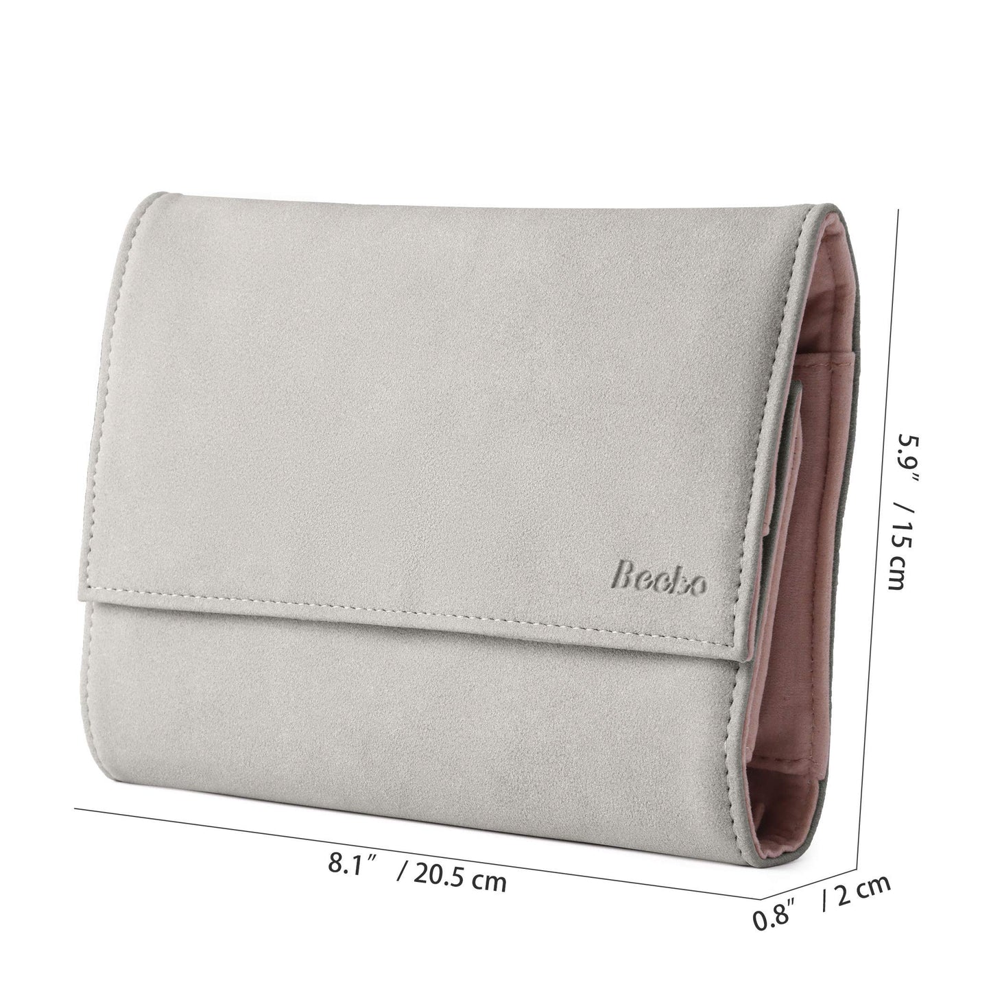 Becko US Jewelry Organizer Roll Travel Jewel Bag case for Multiple Necklaces, Rings, Bracelets, Supple Leather & Suede, Large Capacity Without Crease, Lightweight, Portable & Practical (Gray)