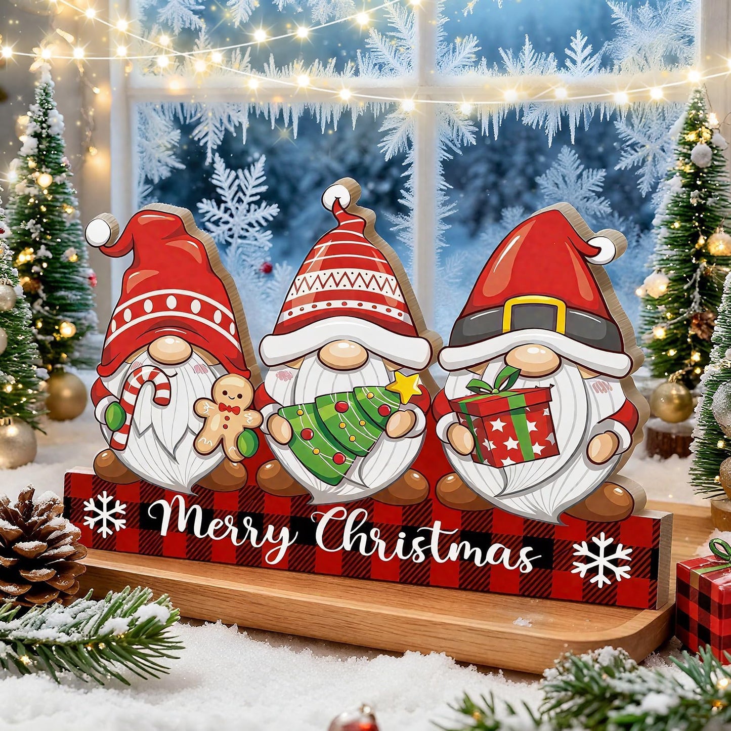 LawnIdyll Winter Christmas Gnome Decoration Reversible Double Side Wooden Tabletop Sign Hello Winter Merry Christmas Table Centerpieces for Holiday Mantle Tiered Tray Shelf Holiday Party Home Decor