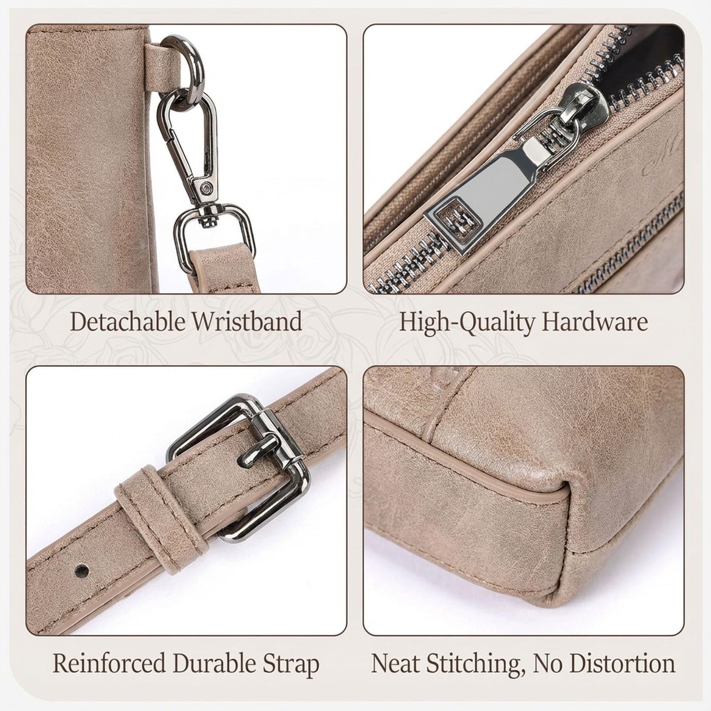 MEITRUE Wristlet Wallets Clutch Purses for Women - Rose Embossed Vegan Leather Small Crossbody Bag Mini Cell Phone Wallet Purse with Adjustable Strap & Card Pockets