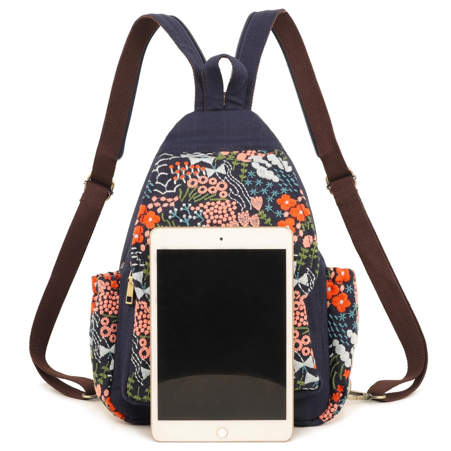 SILKAREA Canvas Sling Backpack Purse for Women Embroidered Flowers Travel Backpack Crossbody Bag Shoulder Bag (Embroidered B)