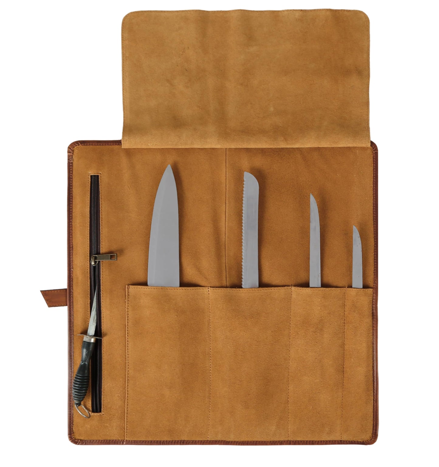 KomalC Premium Buffalo Leather Chef Knife Roll – 17.5″ × 17.5″ Knife Storage Bag with 4 Slots, Suede Lining, Brass Buckle & Zipper Pouch – Portable Travel Case for Chefs & Culinary Students