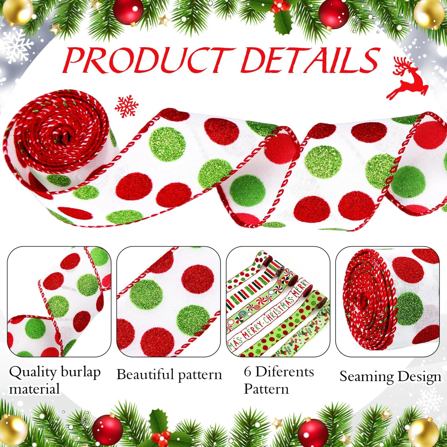 Tigeen 6 Rolls 30 Yards Red and Green Christmas Wired Ribbons Edge Candy Polka Dot Xmas Stocking Ribbons for Holiday Decorations Gift Wrapping Wreath Bows DIY Crafts Making, 2 Inch