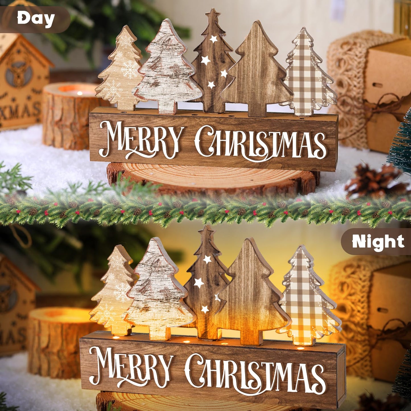 Chunful Lighted Wooden Christmas Tree Decor Rustic Christmas Tabletop Decoration Sign for Home Office Fireplace Farmhouse Xmas Party Table Centerpieces