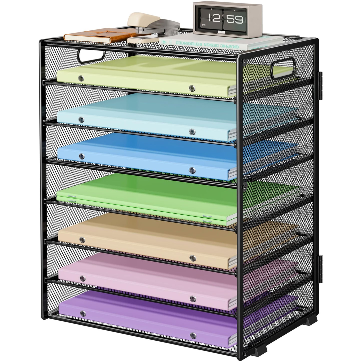 Biciyarn 8 Tier Paper Organizer with Handle, Metal Mesh Desk File Organizer, Large Capacity Desk Organizers Paper Letter Tray Desktop Document Sorter for Office, Home or School - Black