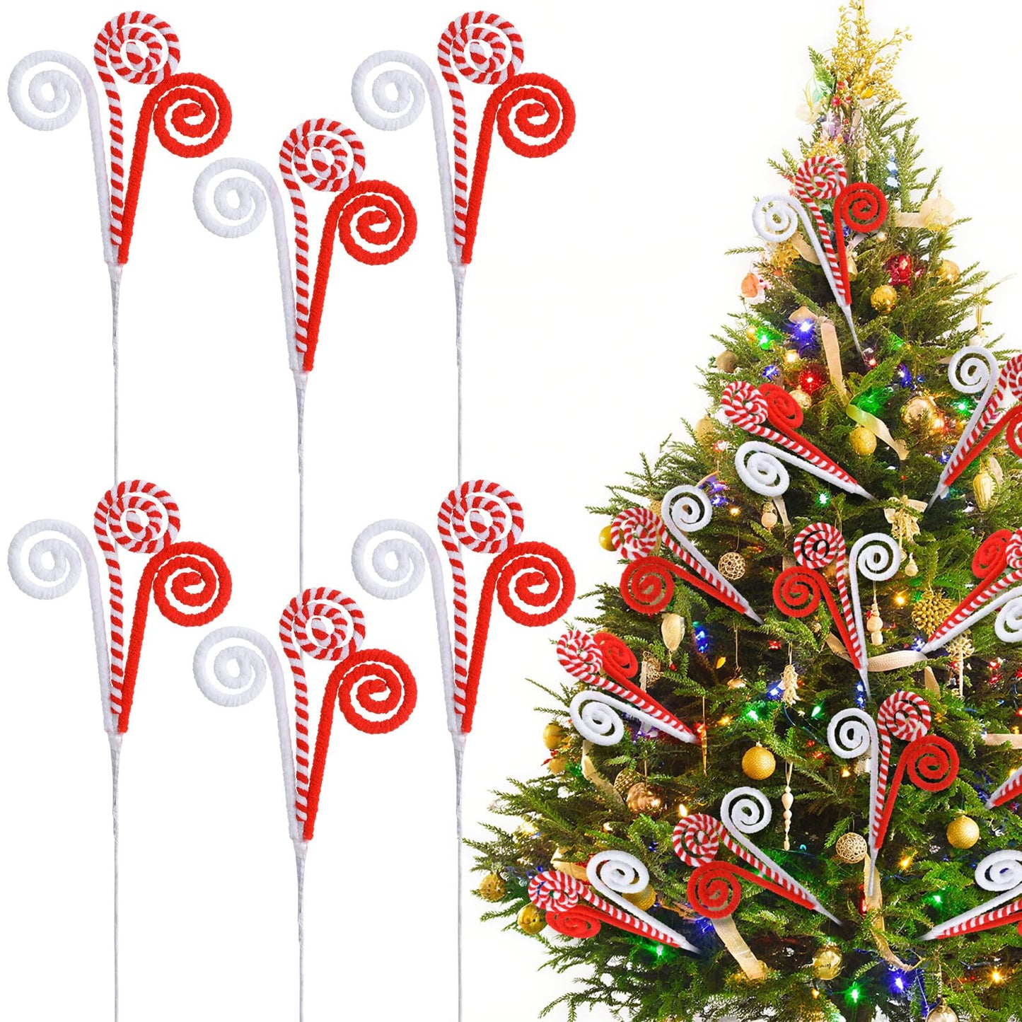 Gerrii 16" Red White Christmas Tree Pick Decor Candy Cane Xmas Ornament Peppermint Curly Pick Spray Lollipop Stem Large Tree Topper Branch Elf Stick for Home Wreath Vase Filler Craft Holiday Party