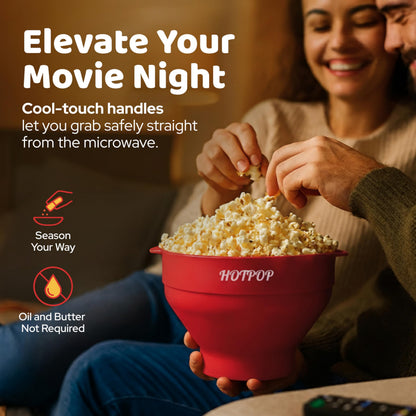 The Orginal HotPop Silicone Popcorn Maker - Microwave Popcorn Popper with Handles - Collapsible Bowl, Heat-Resistant, Easy to Clean, Ideal for Family Movie Nights, 15-Cup Capacity - Red