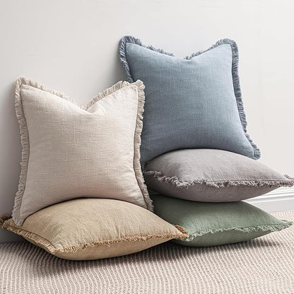 MIULEE Decorative Throw Pillow Covers Neutral Linen Fringe Throw Pillows Euro Shams Set of 2 Light Blue Boho Farmhouse Cushion Covers for Couch Sofa Bed Living Room Spring Home Decor 26x26 Inch