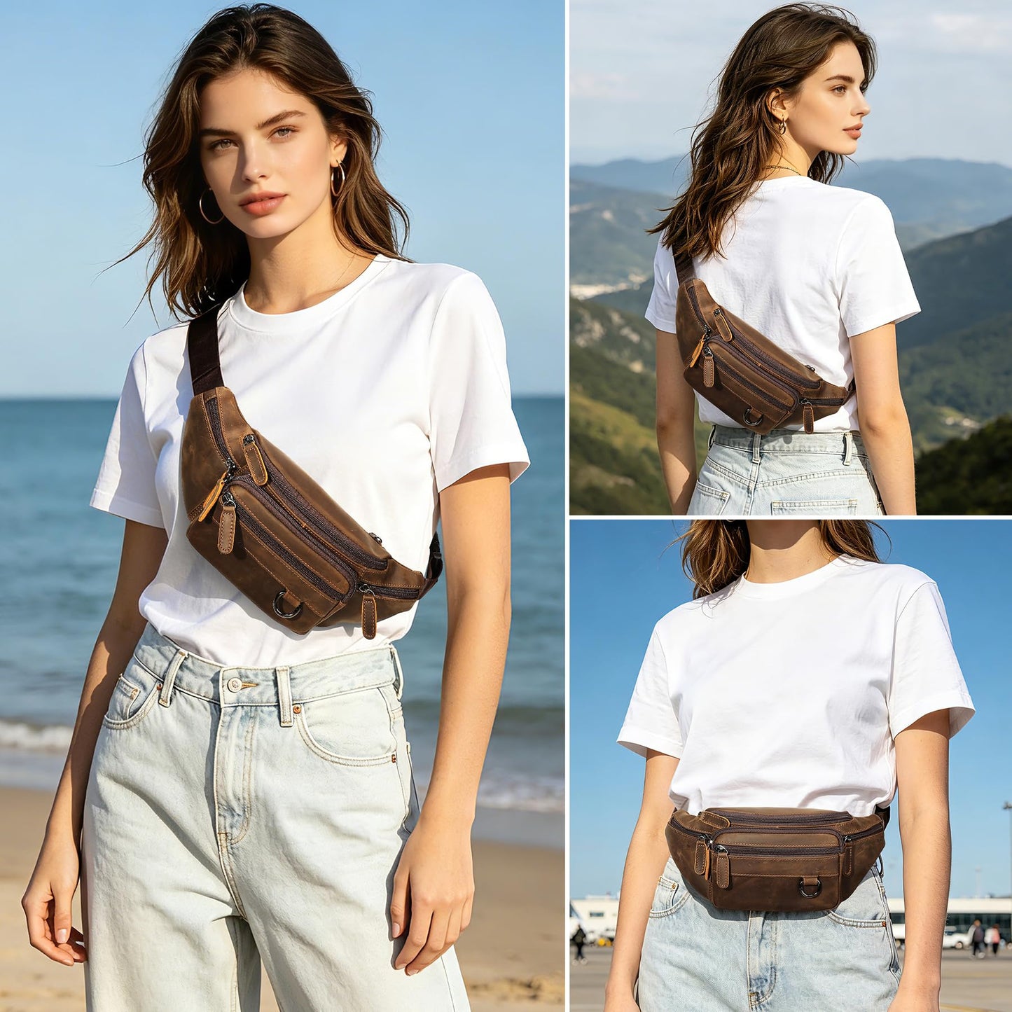 Genuine Leather Fanny Pack HandMade Durable cowhide Waist Bag Lots of Anti-theft zipper pocket Brown