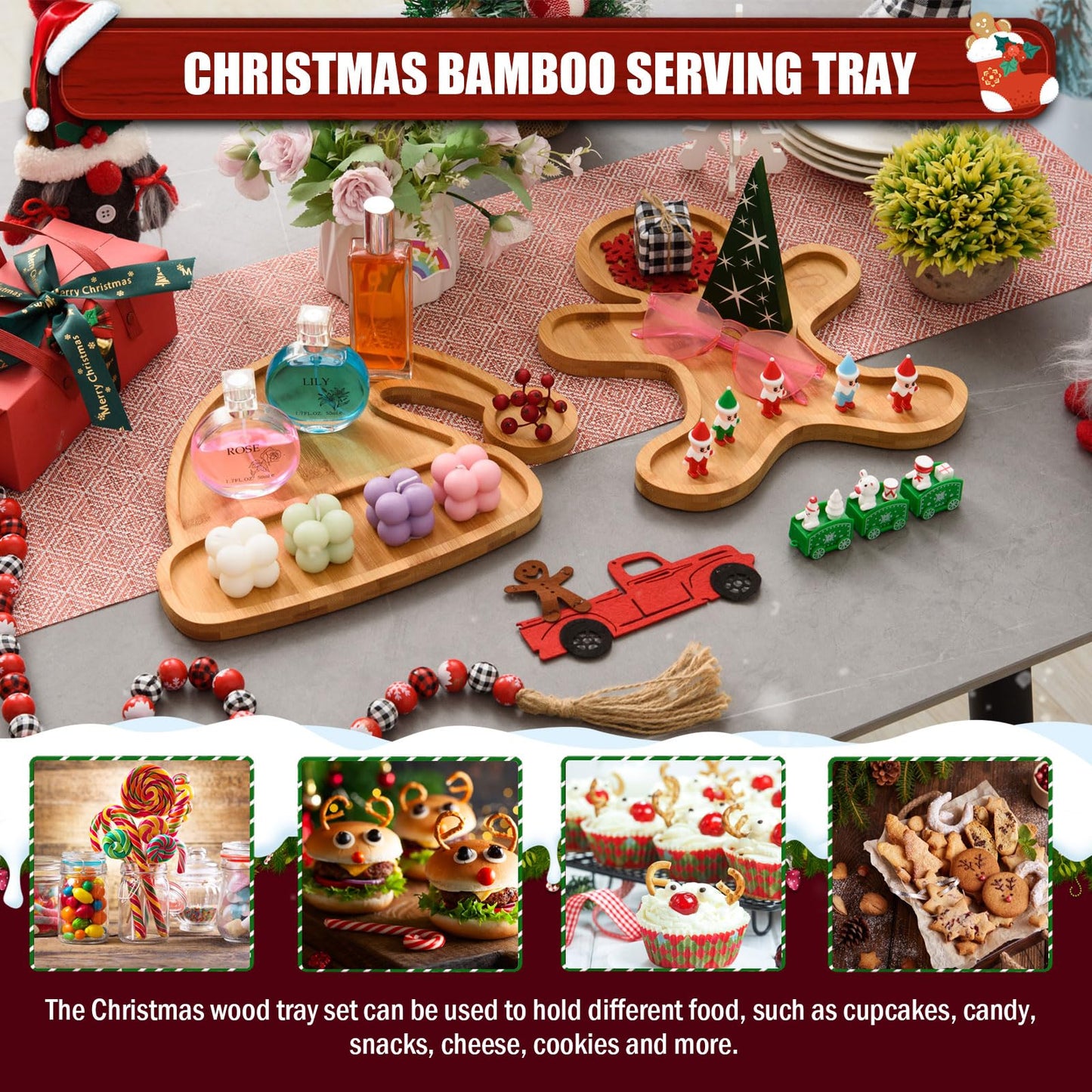 AWIZOM 2 Pcs Christmas Serving Platters Santa Hat and Gingerbread Man Shaped Wood Trays Winter Bamboo Charcuterie Boards Decorative Wood Snack Dish Plates for Xmas Holiday Housewarming Presents