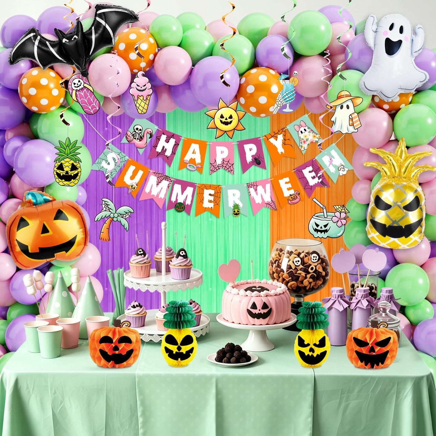 91Pcs Summerween Decorations Set - Summer Halloween Party Decorations with Happy Summerween Banner, Ghost Pineapple Balloons, Honeycomb Balls & Swirls - Spooky Summer Party Supplies for Birthday
