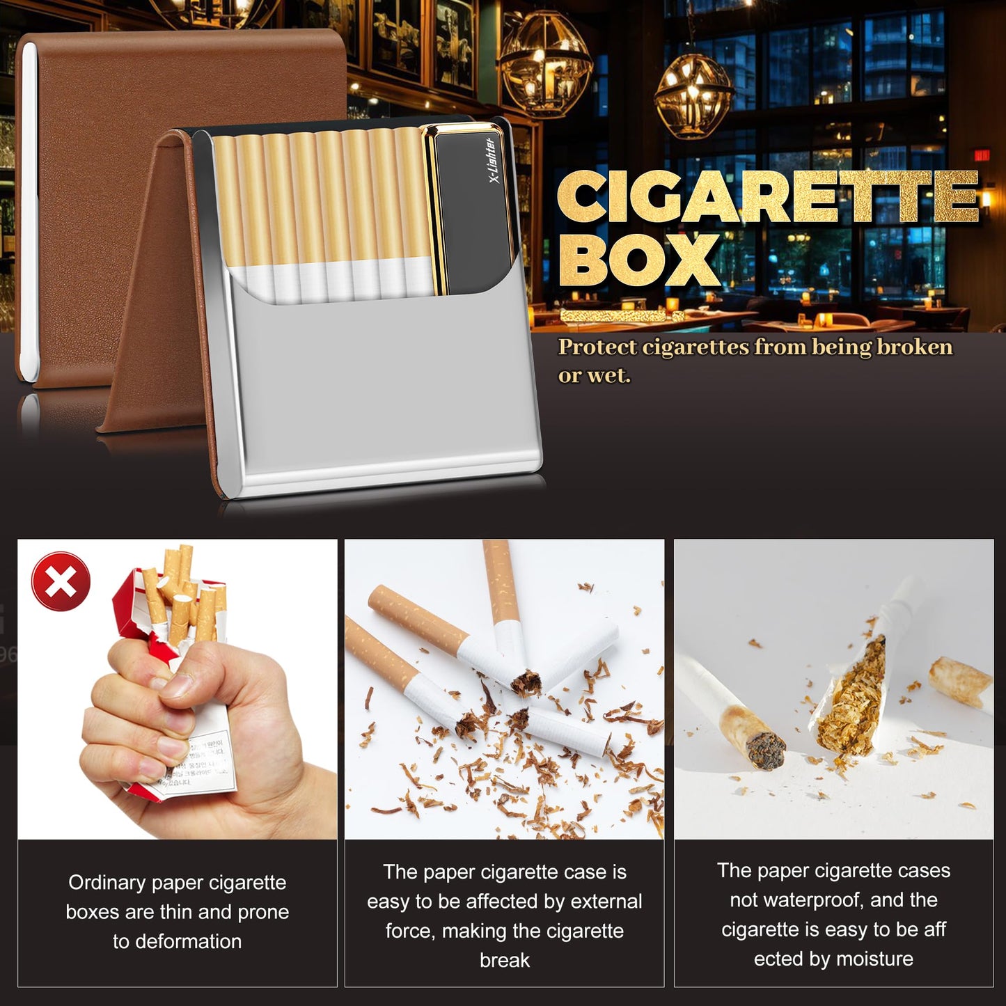 X-LIGHTER Cigarette Case with Lighter for 84MM King Size, Smell Proof, Ultra Slim, Leather Cigarette Holder Case for Men, Business