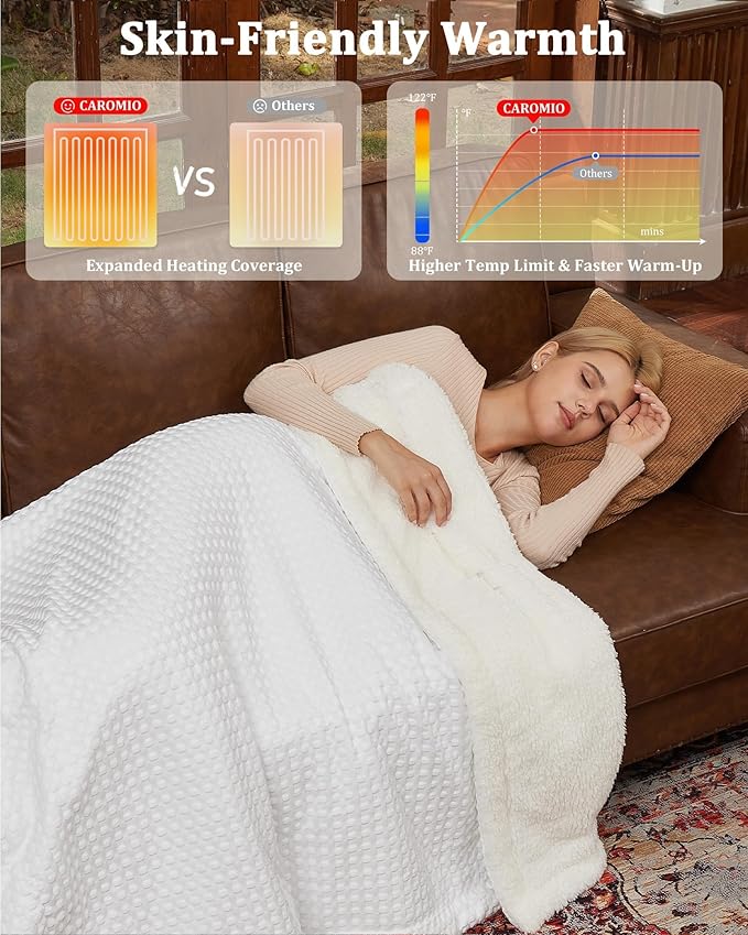 CAROMIO Heated Blanket Twin Size, Waffle Weave Electric Throw Blanket Fast Heating with LCD Controller, 10 Heat Levels & 1-12H Time Settings Auto Off, ETL Certified, Off White, 62" x 84"