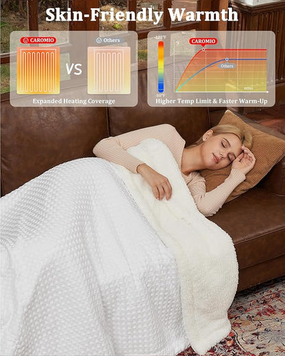 CAROMIO Heated Blanket Twin Size, Waffle Weave Electric Throw Blanket Fast Heating with LCD Controller, 10 Heat Levels & 1-12H Time Settings Auto Off, ETL Certified, Off White, 62" x 84"