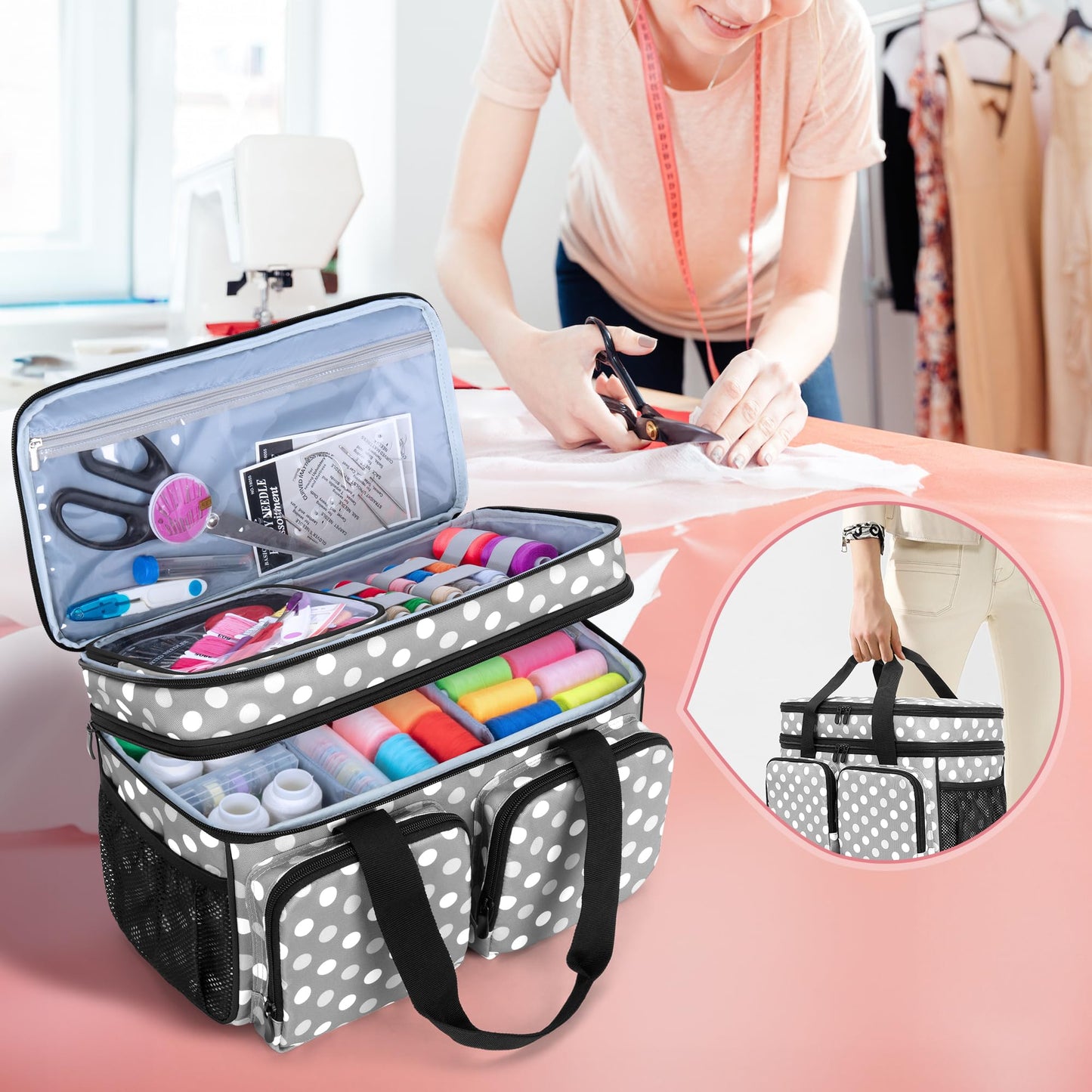 BAFASO Large Sewing Organizer Bag with an Individual Pouch and Detachable Dividers, 2 Layers Sewing Storage Bag for Sewing Supplies(Bag Only), Polka Dots