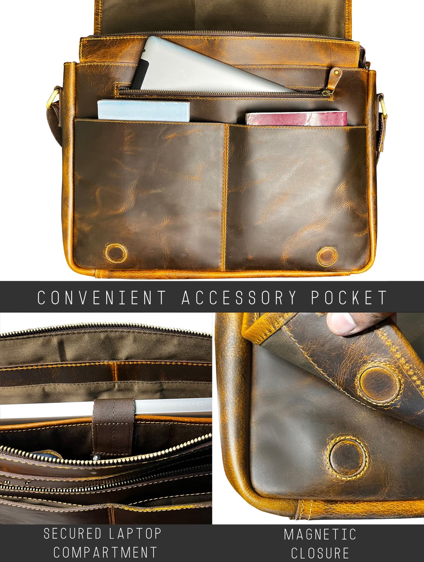 RUSTIC TOWN Leather Messenger Bag for Men Women - Full Grain Leather Laptop Satchel Office Shoulder Bag (16-Inch, Brown)