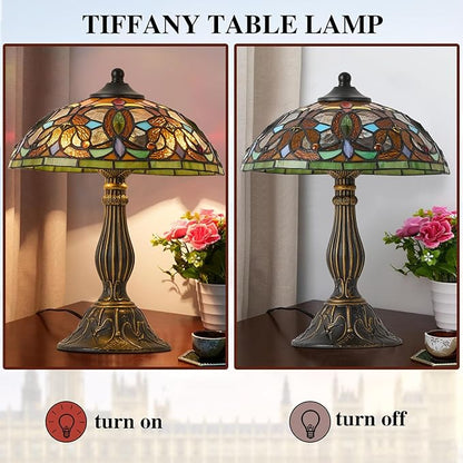 Tiffany Style Table Lamp, 12 Inch Stained Glass Lamp, Antique Table Lamp, Bedside Lamp, for Nightstand Bedroom Living Room Home Office, Include LED Bulb
