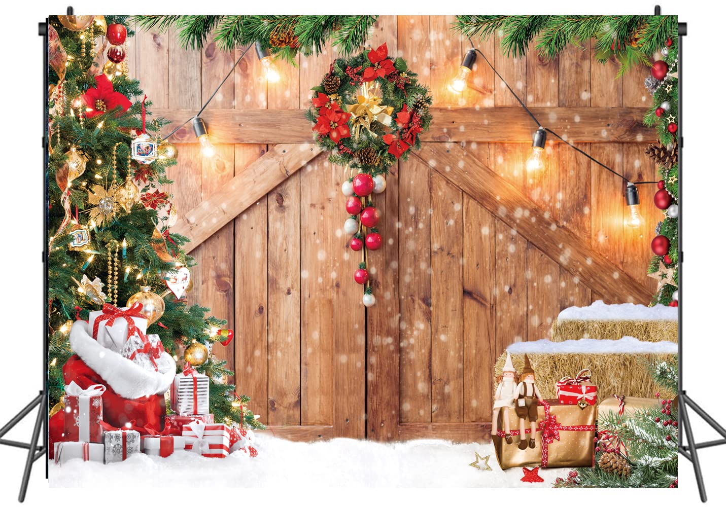 LTLYH 8x6ft Christmas Barn Backdrop Xmas Tree Snow Gift Wall Floor Party Photo Background Winter Holiday Family Supplies Banner Decoration Studio Props 164